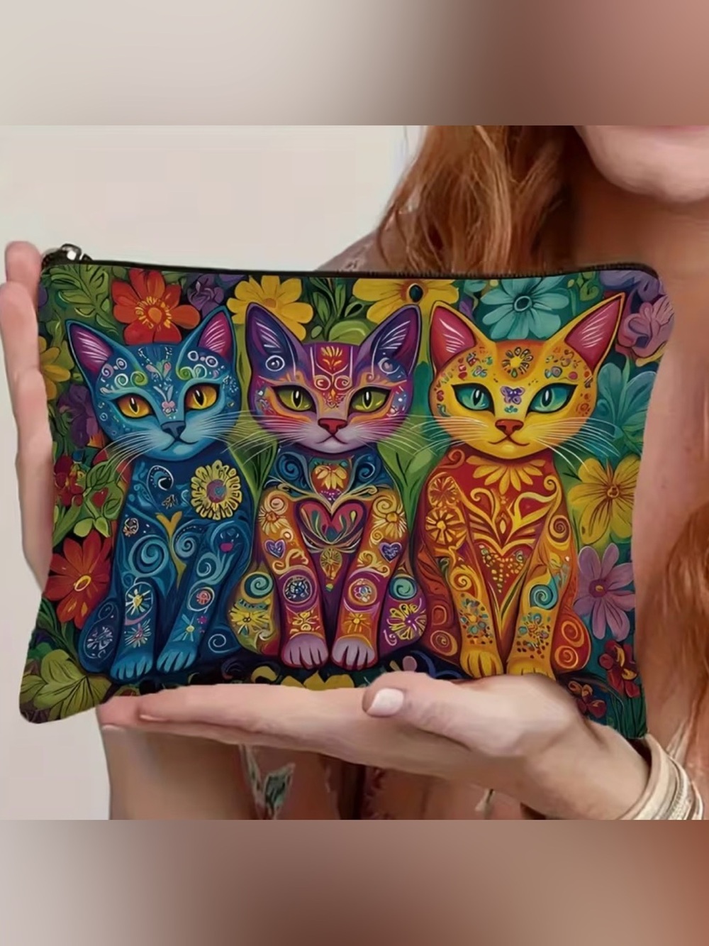 Colorful Floral Cat Cosmetic Bag